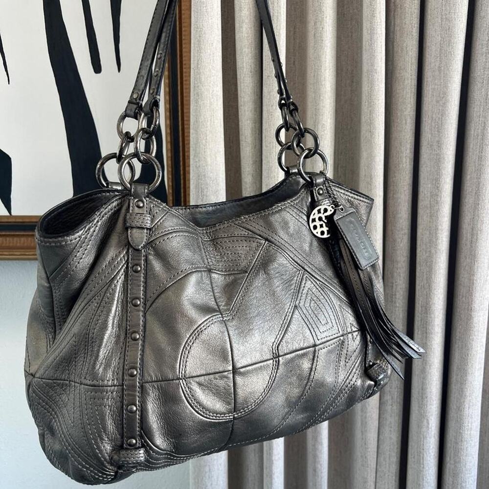 Coach Metallic Gunmetal Leather Patchwork Alexandra Shoulder Bag Purse